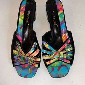 Vitto Rossi Color-burst Bejeweled Black Patent Leather Cut-out Slides Women’s 37